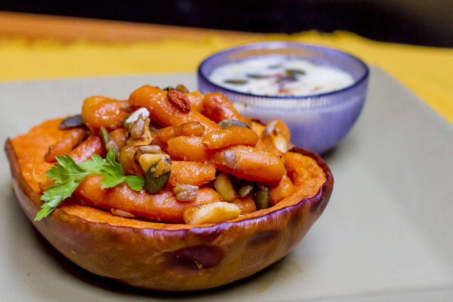 Őszi vacsora ötlet: sütőtökös répatál, kéksajtos öntettel - STYLELIFE - Gasztronómia - bébirépa, bonduelle, recept, sütőtök, 