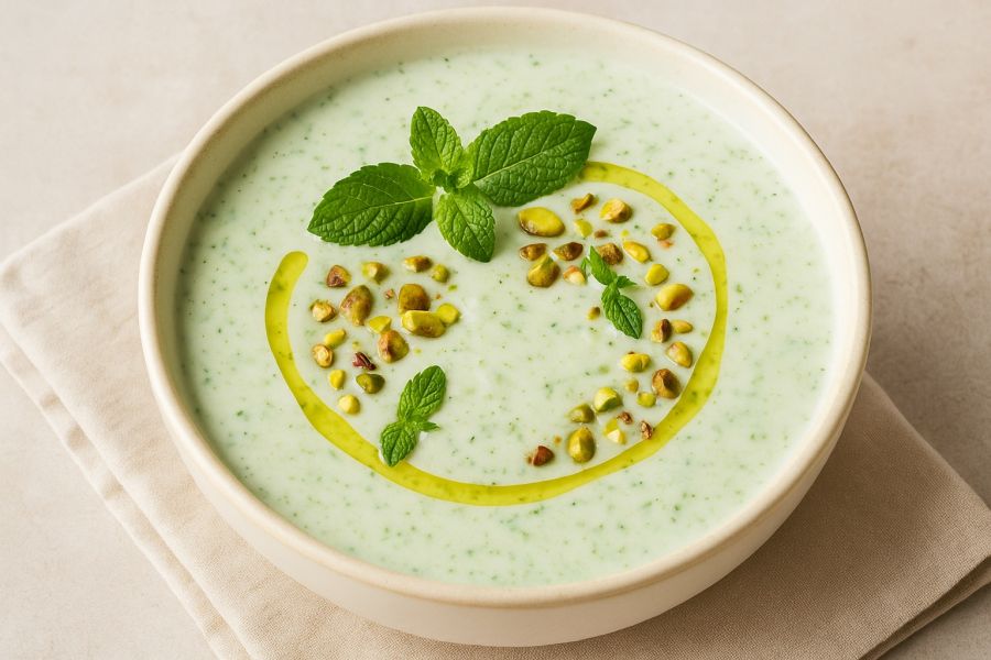 Uborkás-joghurtos hideg leves ropogós pisztáciával és mentával - STYLELIFE - Gasztronómia - hideg leves, nyári leves, 