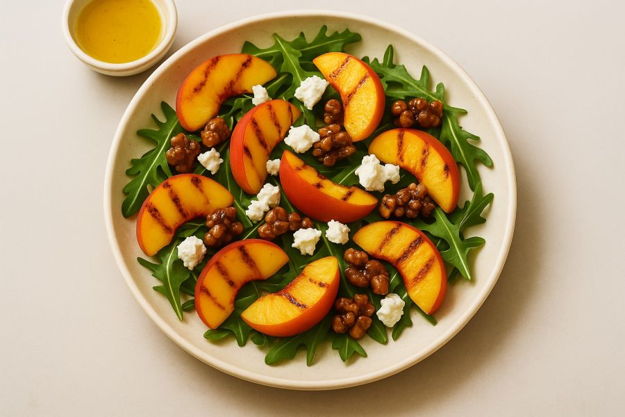 Grillezett barack saláta kecskesajttal és karamellizált dióval - STYLELIFE - Gasztronómia - könnyű ételek, vacsora ötletek, 