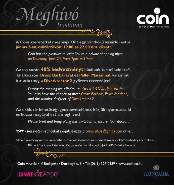 Coin zártkörű vásárlói est - Hírek  -  - coin, invitation, 